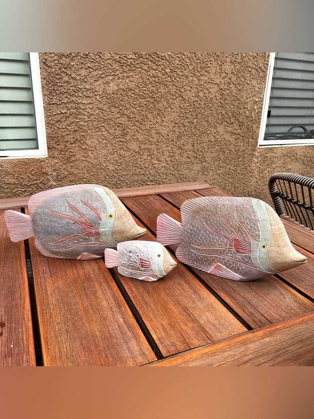 Vintage 1980s Teakwood Tropical Fish Wood Carving Hand Painted Pastel Set of 3